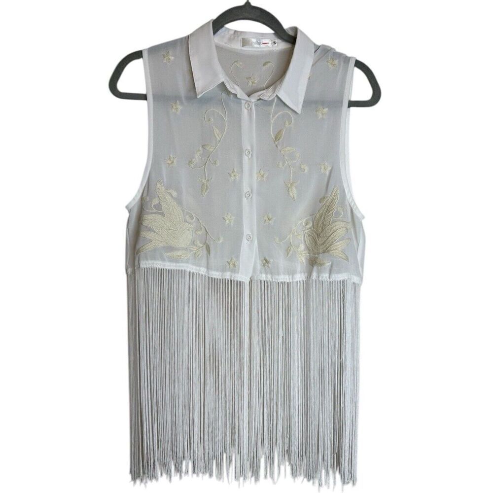 Miltau White Sleeveless Floral Collar Fringe Blouse Boho Western Trend Sz Small